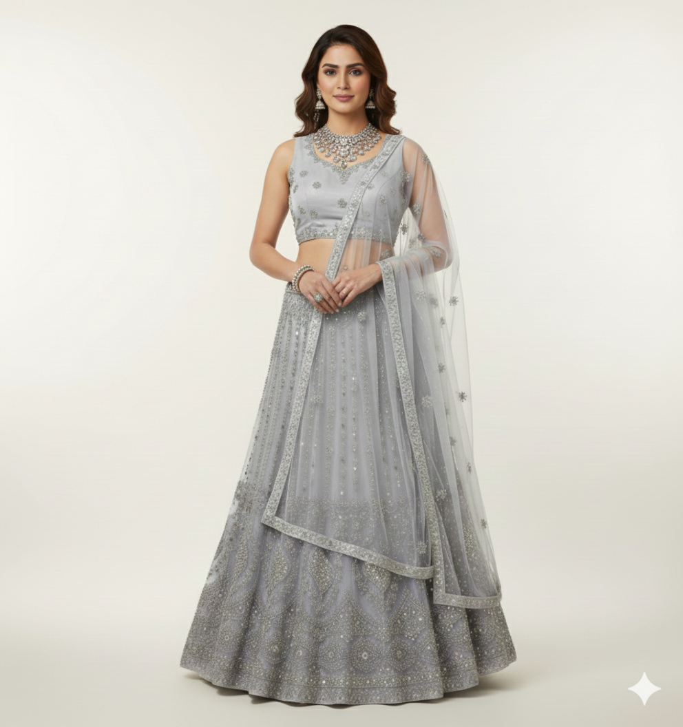 Chic Steel Grey Net Party Wear Lehenga Choli (Unstitched)