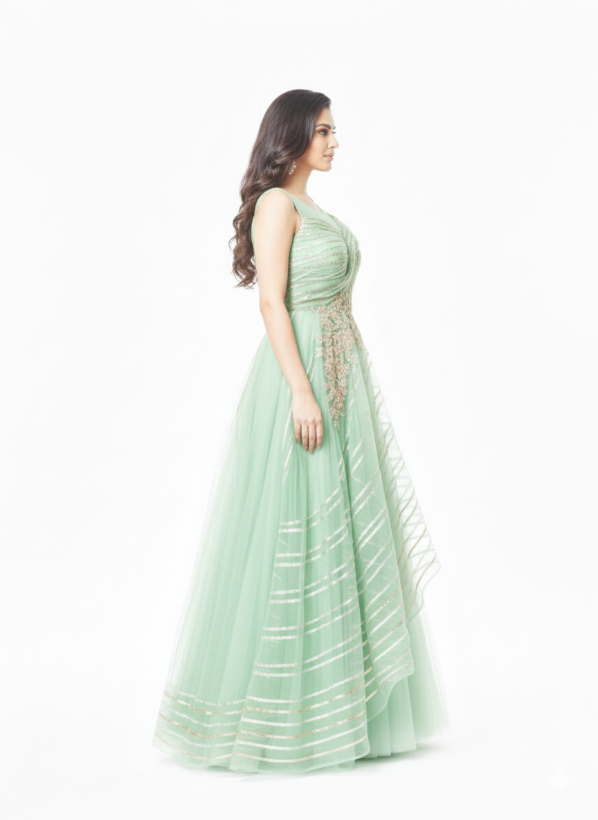 Mint Green Net Gown with Ruffle Dupatta-Style Sleeves & Sequin Embellishment