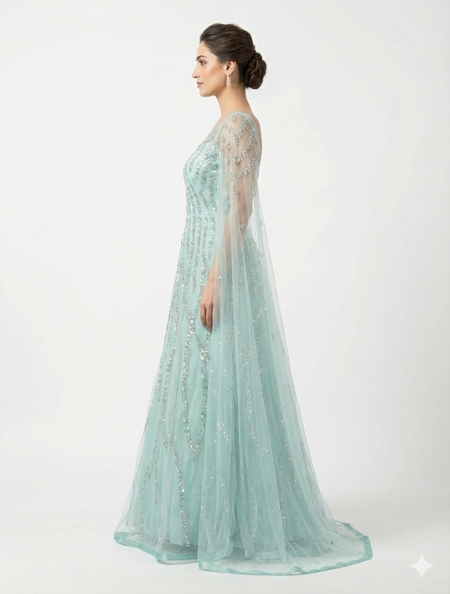 Ethereal Seafoam Green Hand-Embellished Net Gown