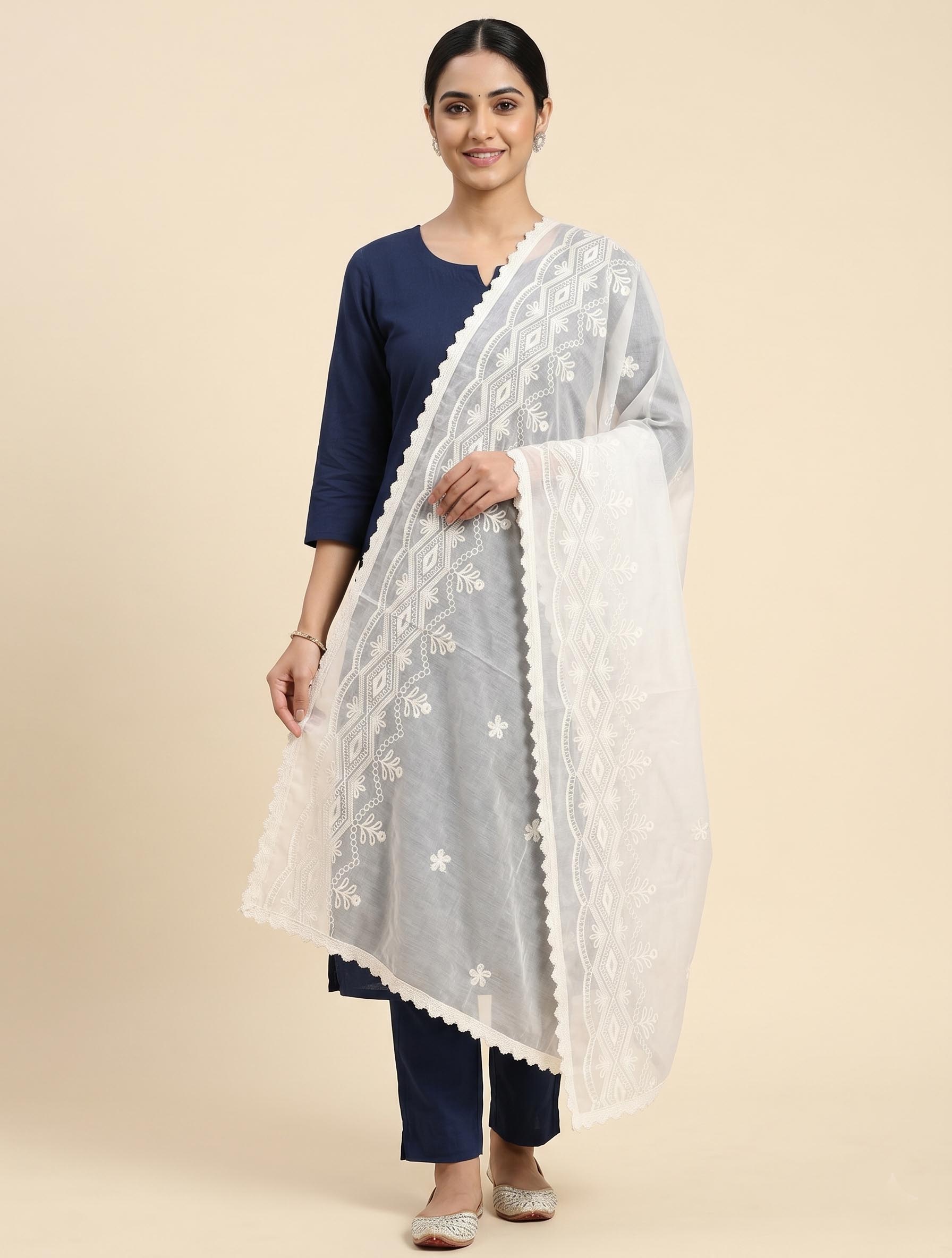 Trendzmy Pure Cotton Cora Thread Work Dupatta for Women | Cream Color Embroidered Chikankari Style Dupatta | Soft Cotton Ethnic Dupatta Cream Cotton Hand wash