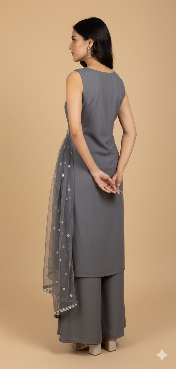 Grey Chinon Hand Work Kurta & Palazzo Set