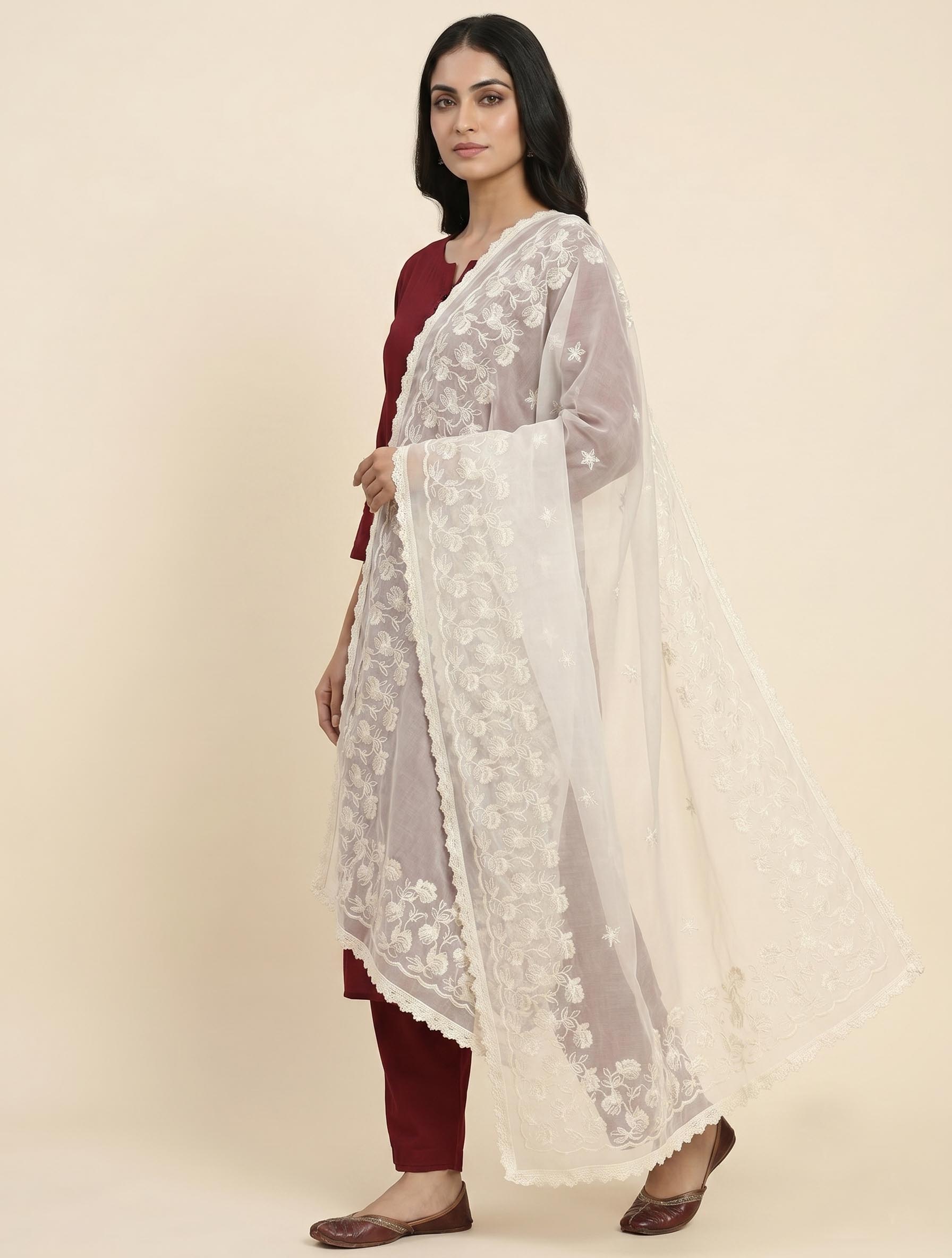 Graceful Cream Cora Pure Cotton Dupatta with Floral Panel Thread Embroidery and Star Butis