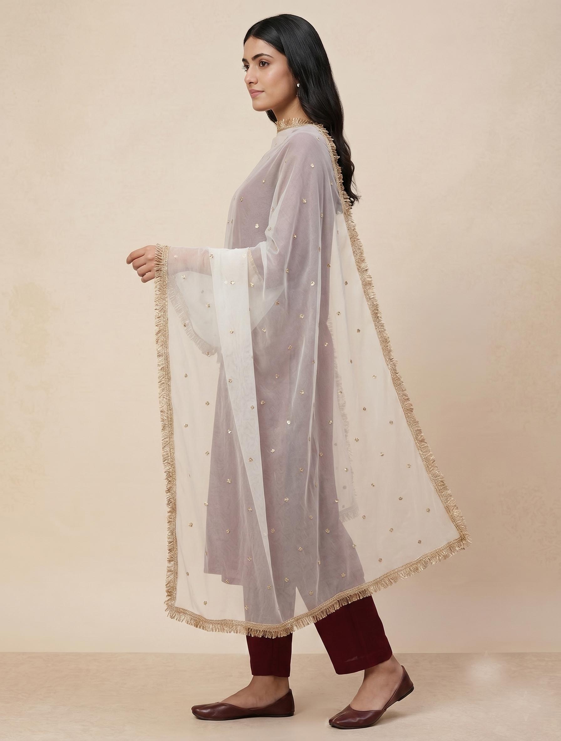 Elegant White Chiffon Dupatta with Muted Gold Sequin Butis and Fringe Lace Border