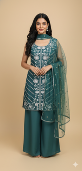 Peacock Green Chinon Hand Work Kurta & Palazzo Set