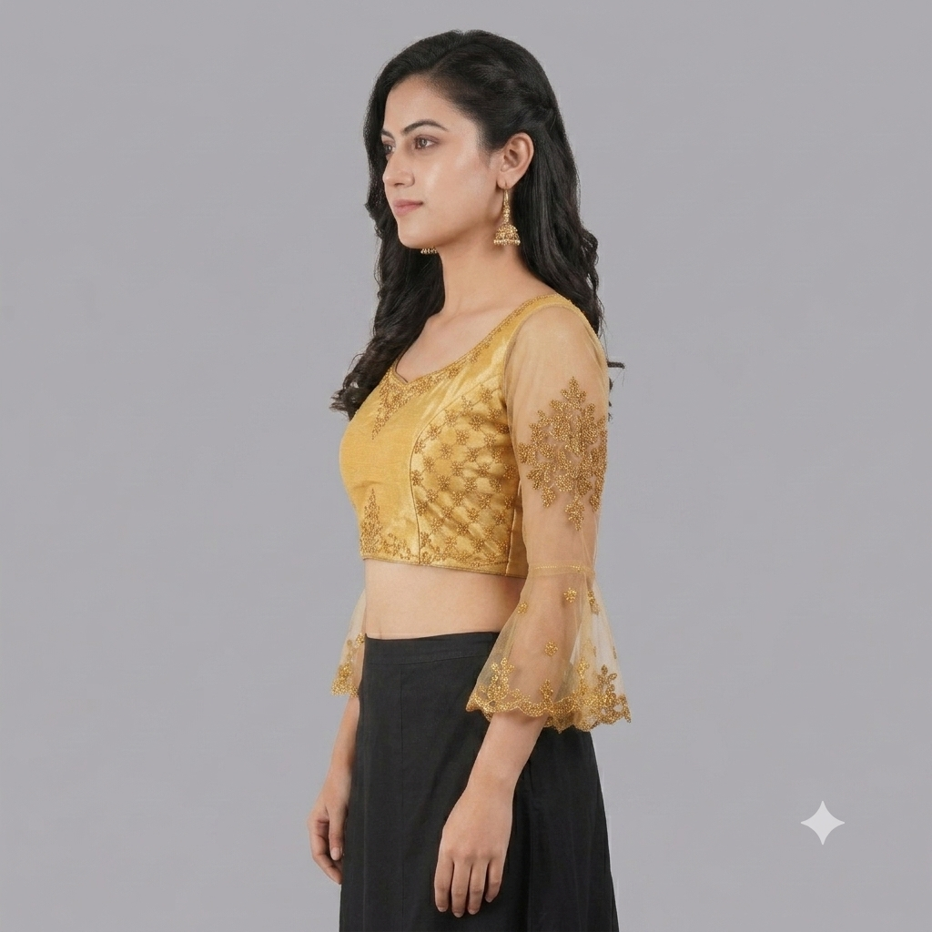 Women's Gold Embroidered Designer Blouse | Bell Sleeves Net Saree Blouse | Party Wear & Wedding Readymade Blouse