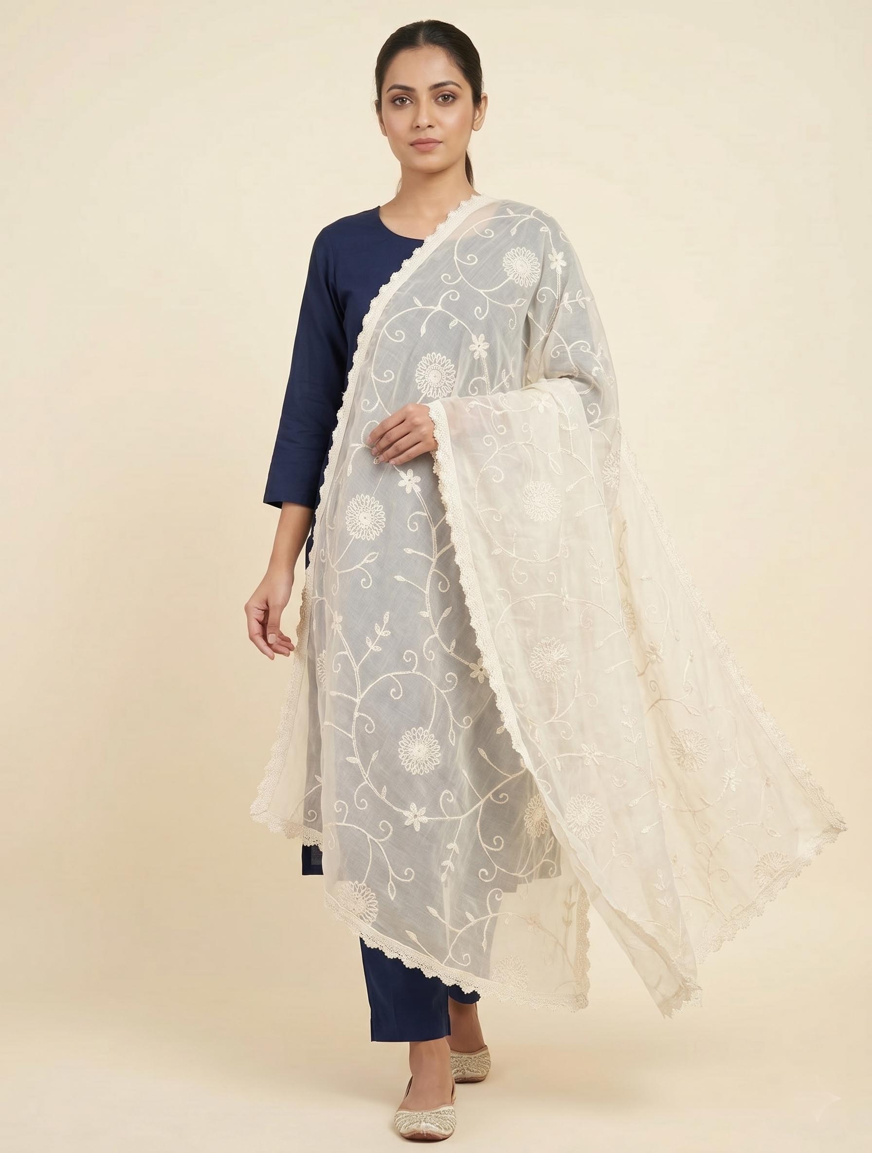 Exquisite Cream Pure Cotton Dupatta with All-Over Floral Jaal Embroidery and Lace Trim Cream Cotton Hand wash
