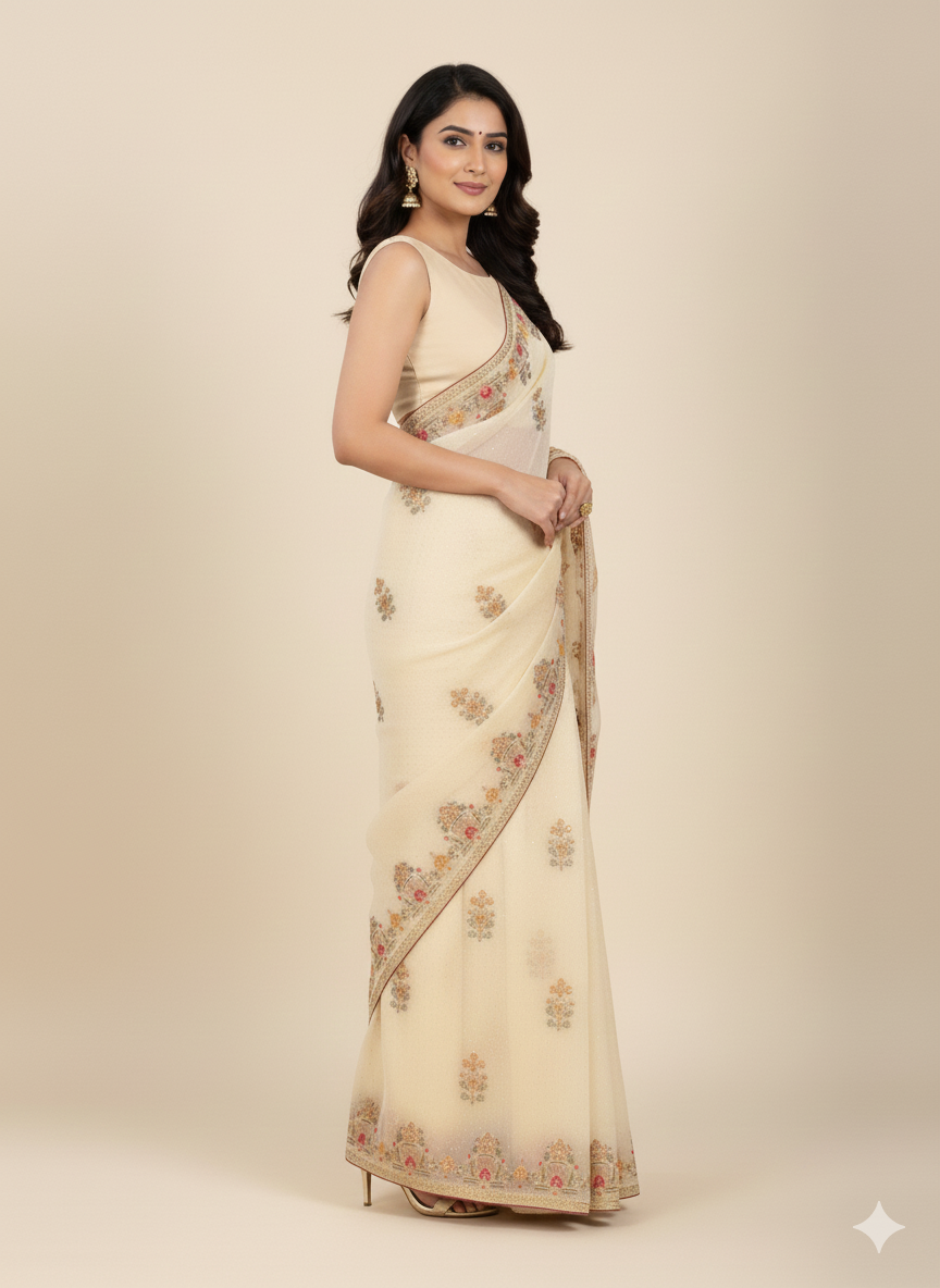Light Cream/Beige Color Georgette Chiffon Saree, #39055
