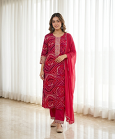Crimson Red Bandhani Printed Mercerized Cotton Kurta Set with Embroidered Neck & Chiffon Dupatta