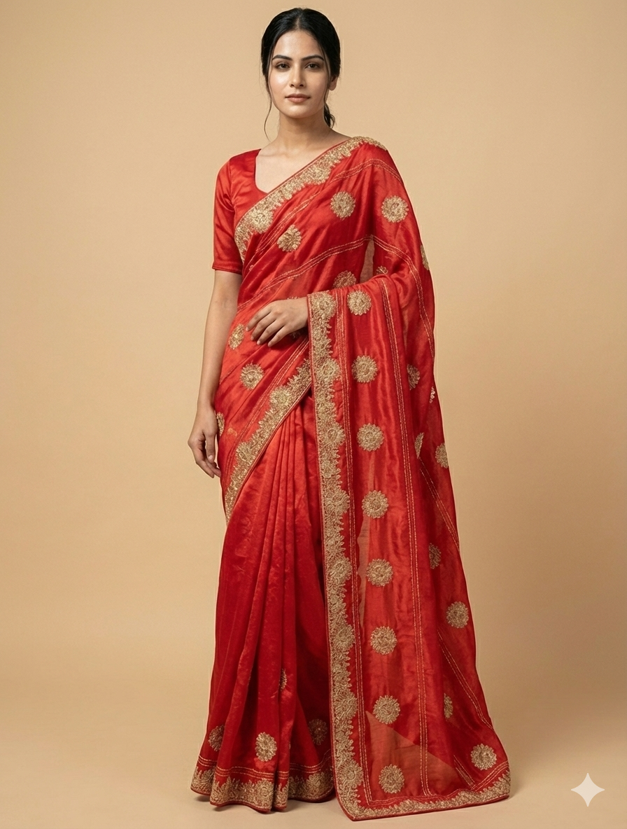 Ethereal Red Satin Chiffon Saree with Golden Serosqui Work #40315