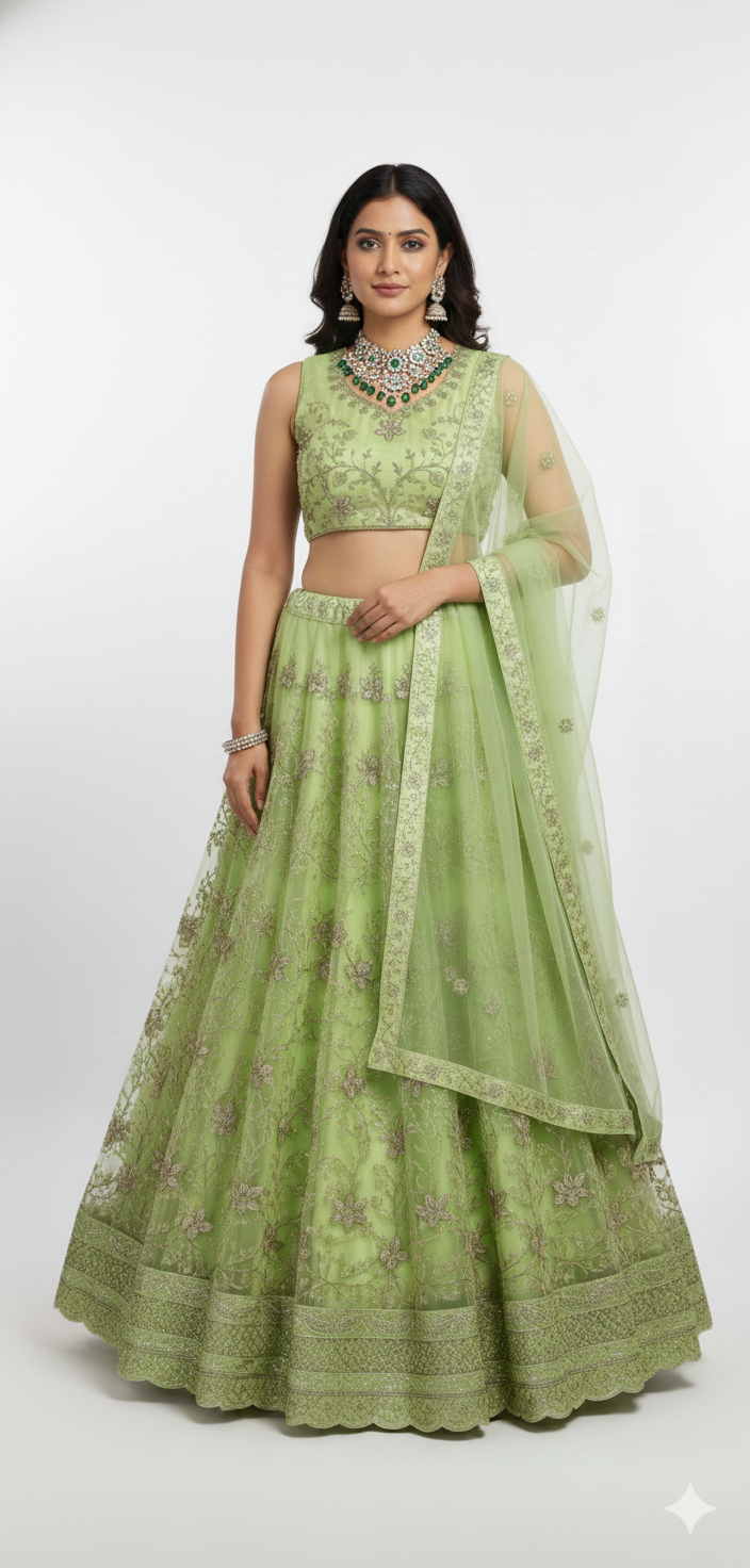 Fresh Parrot Green Net Party Wear Lehenga Choli (Unstitched)