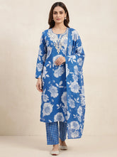 Women's Blue Floral Printed Pure Cotton Kurta Set with Dupatta & Pants | Embroidered Neck 3-Piece Suit Blue Cotton
