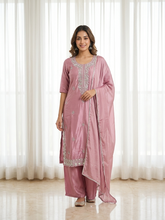 Rose Pink Hand-Embellished Silk Kurta, Wide-Leg Pant & Lace-Border Dupatta Set