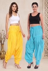 Women & Girl's Ethnic Premium Pleated Patiala Salwar in Yellow & Sky Blue-Pack of 2 Free Solid