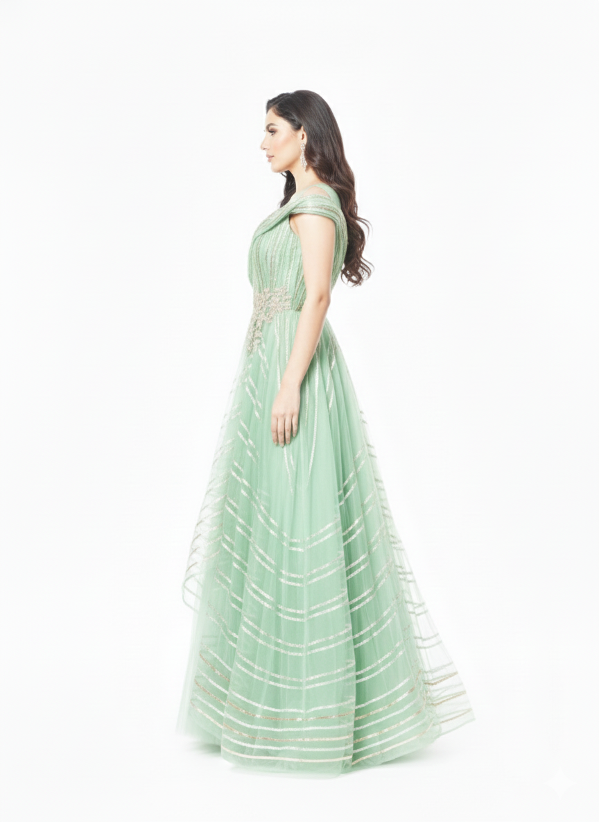 Mint Green Net Gown with Ruffle Dupatta-Style Sleeves & Sequin Embellishment