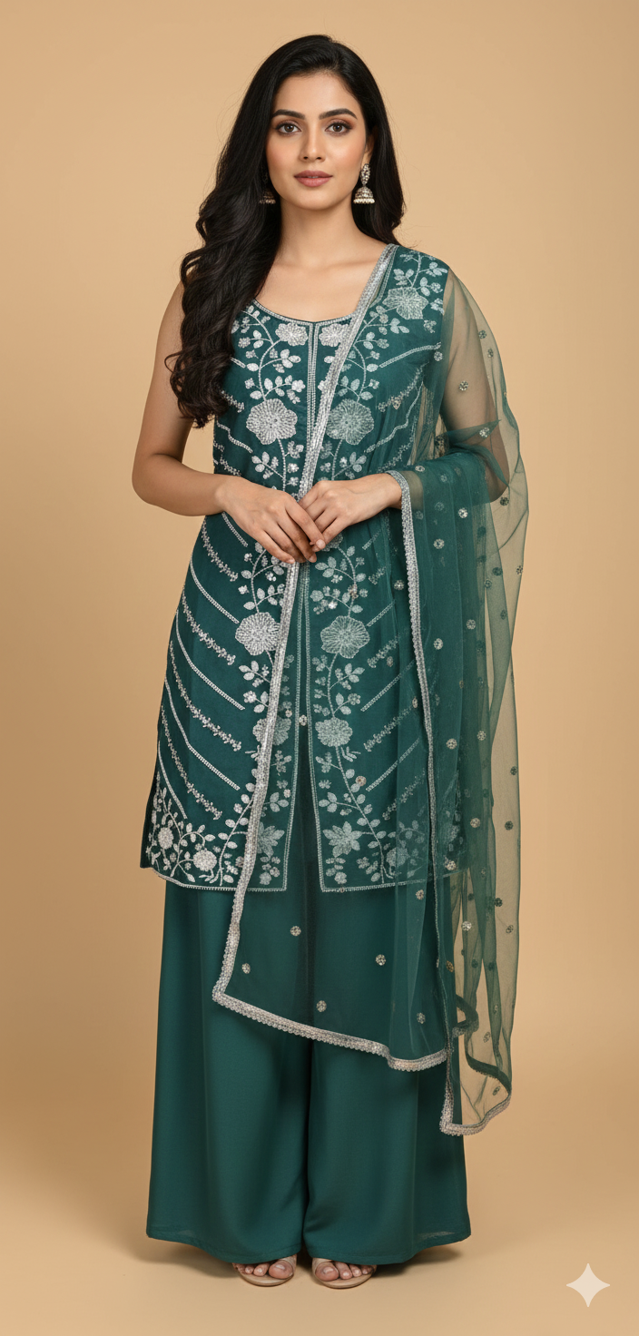 Peacock Green Chinon Hand Work Kurta & Palazzo Set