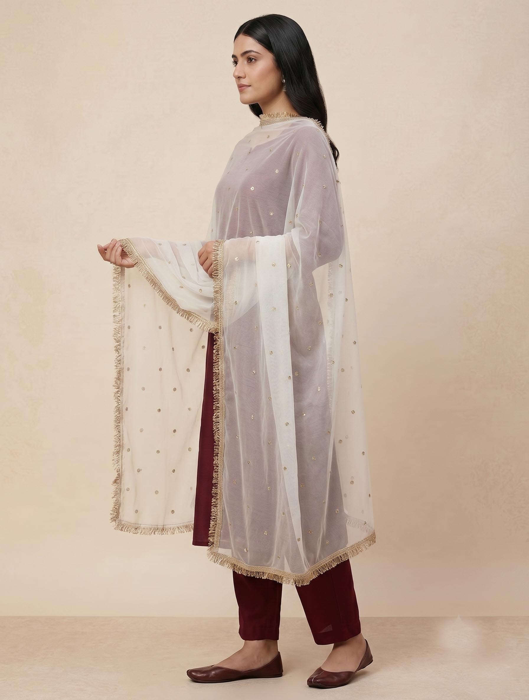 Elegant White Chiffon Dupatta with Muted Gold Sequin Butis and Fringe Lace Border