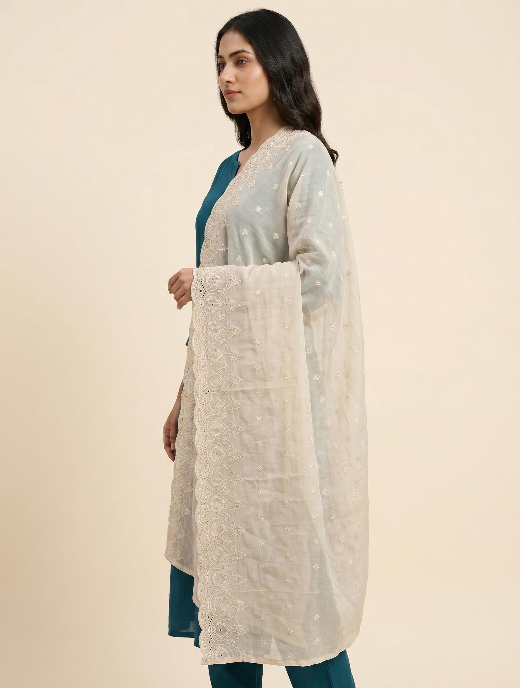 Trendzmy Pure Cotton Cora Dupatta for Women | Cream Color Thread Embroidered Dupatta | Lucknowi Chikankari Style Heavy Border Ethnic Dupatta