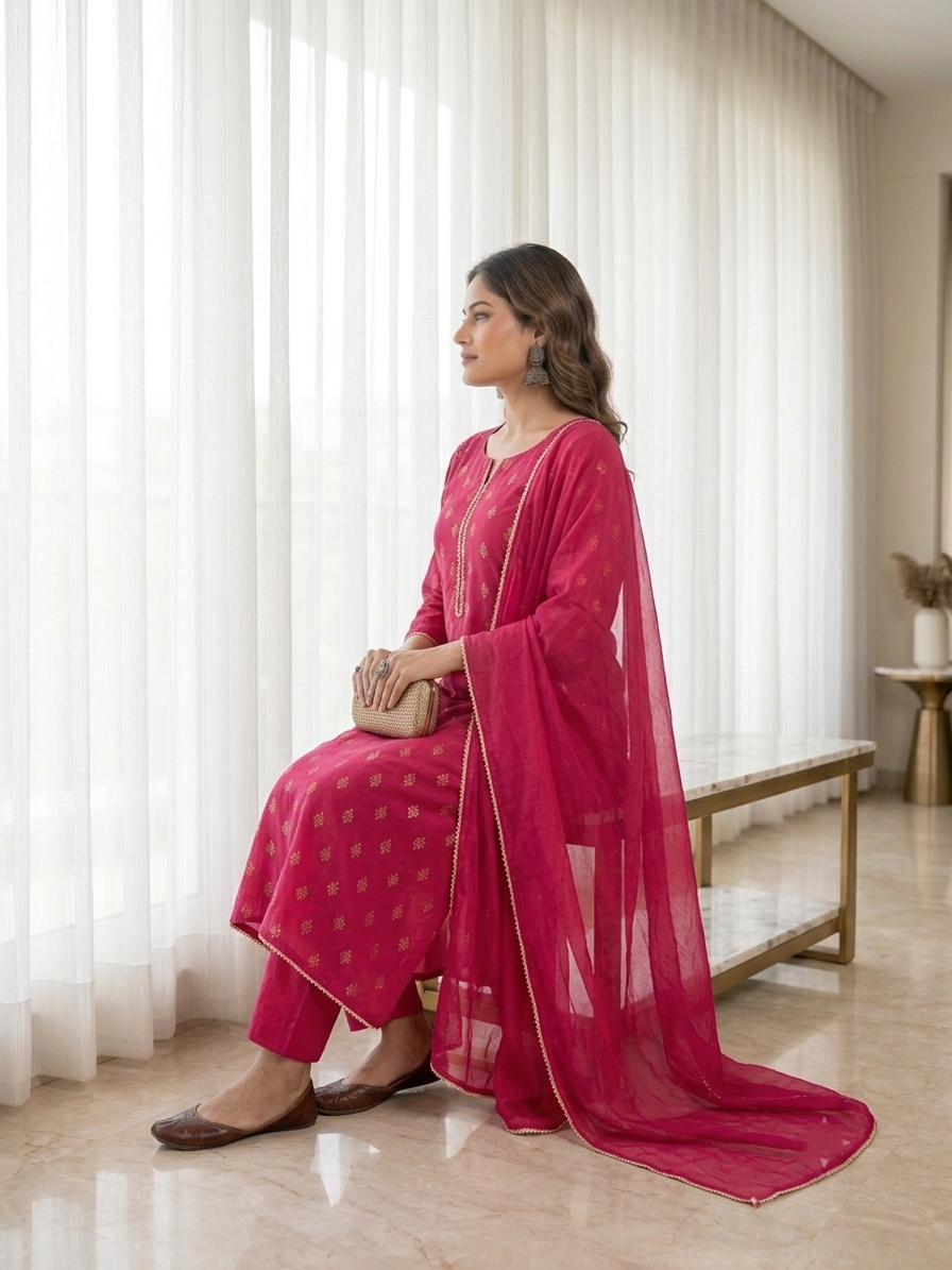 Magenta Pink Printed Cotton Kurta with Pants & Chiffon Dupatta Set