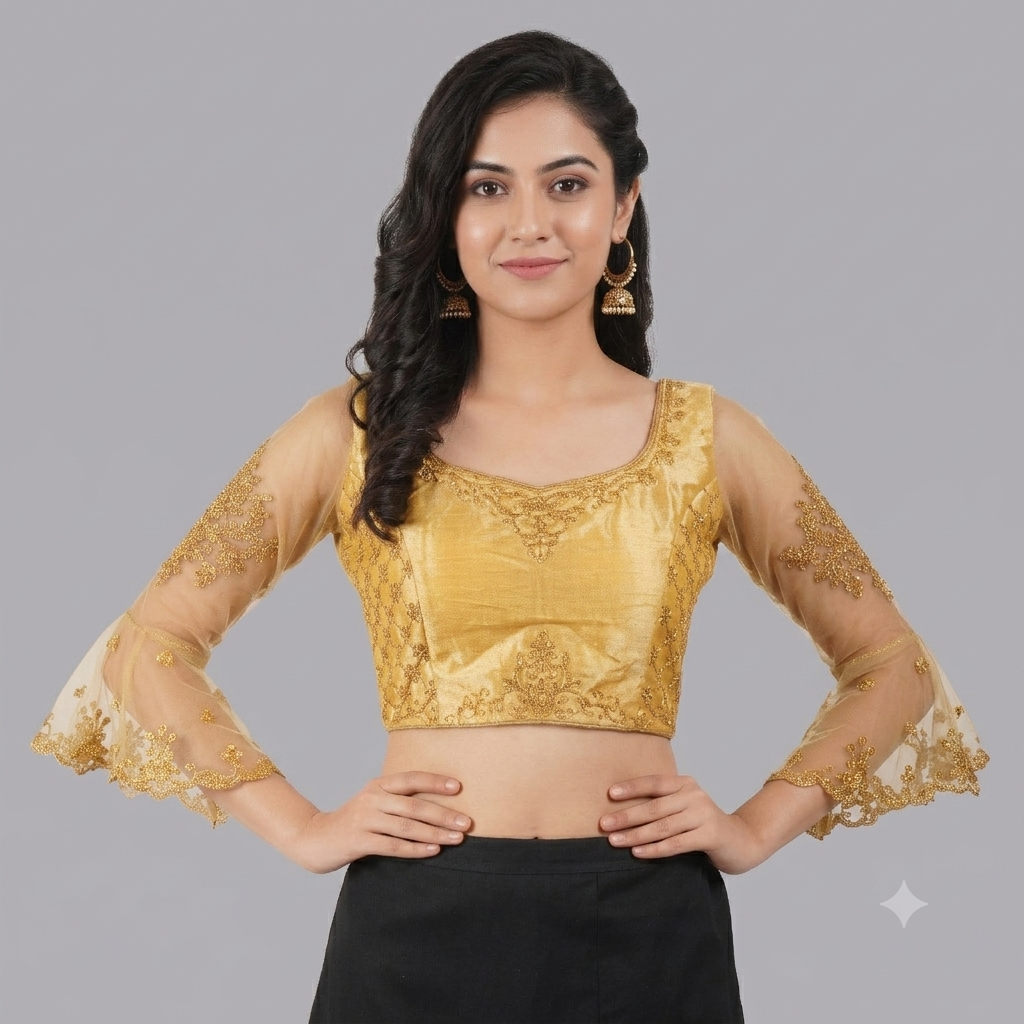 Women's Gold Embroidered Designer Blouse | Bell Sleeves Net Saree Blouse | Party Wear & Wedding Readymade Blouse