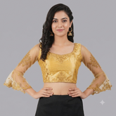 Women's Gold Embroidered Designer Blouse | Bell Sleeves Net Saree Blouse | Party Wear & Wedding Readymade Blouse