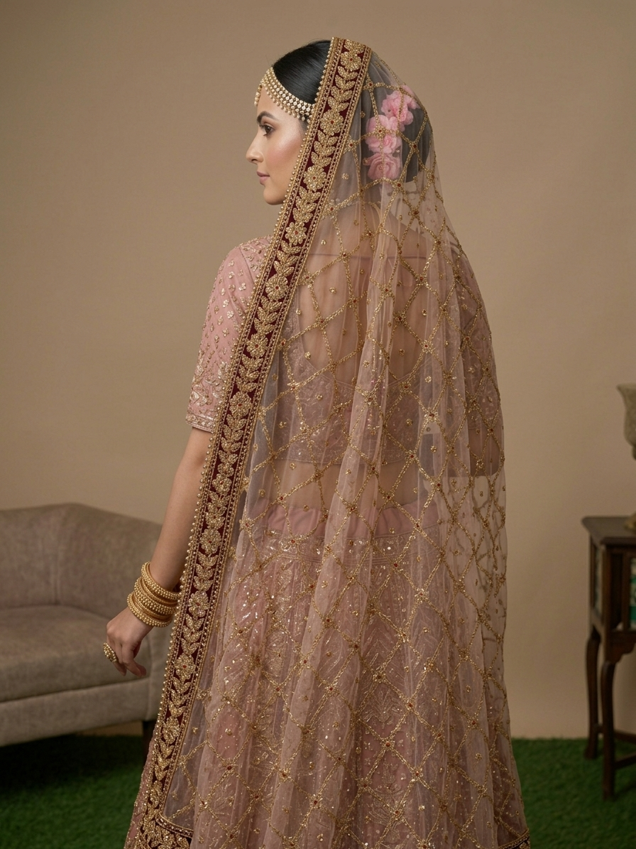 Royal Onion-Sheer Net Bridal Dupatta – Intricate Gold Zari & Velvet Scallop Border
