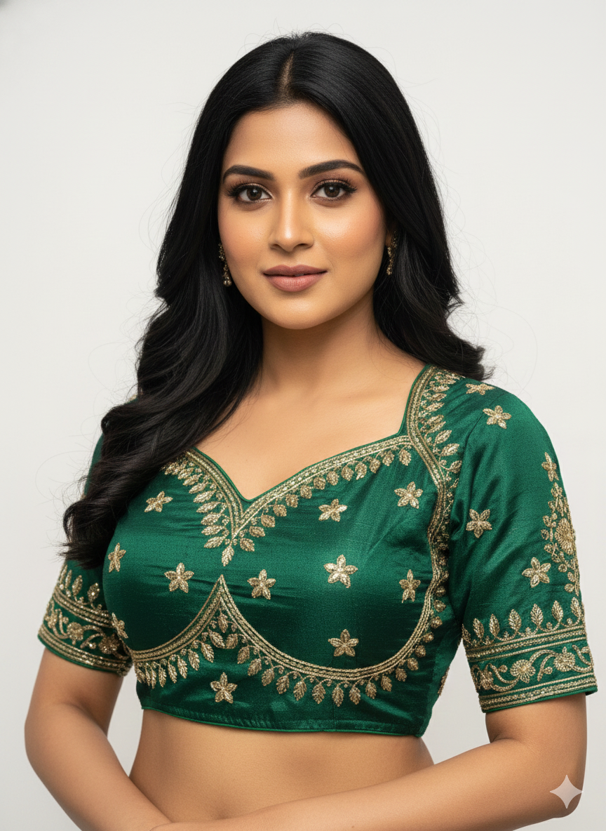 Dark Green Cotton Silk Embroidered Blouse Green