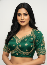 Dark Green Cotton Silk Embroidered Blouse Green