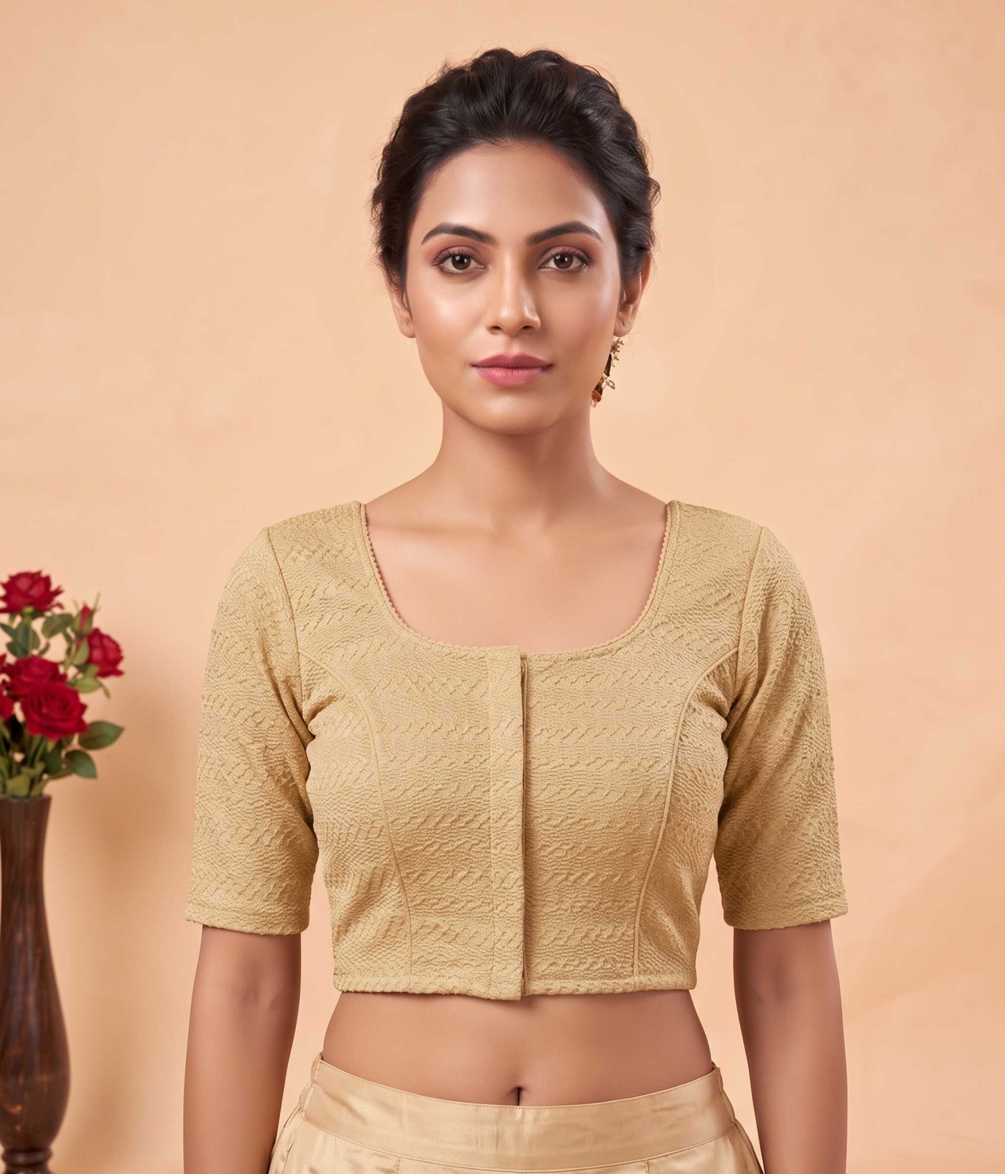 Trendzmy Women Woven Square Neck Cotton Blend Lycra Stretchable Readymade Saree Blouse Beige