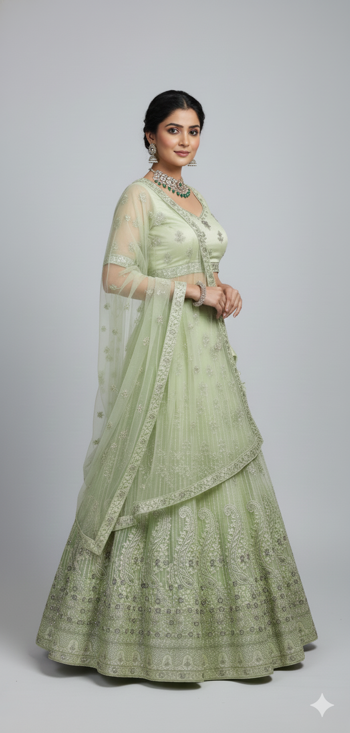 Unstitched Parrot Green Net Partywear Lehenga Choli Set (Unstitched)