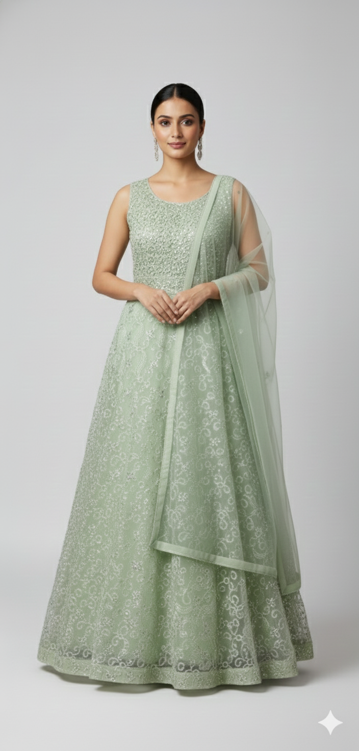 Stitched Pista Green Net Partywear Gown (M Size)