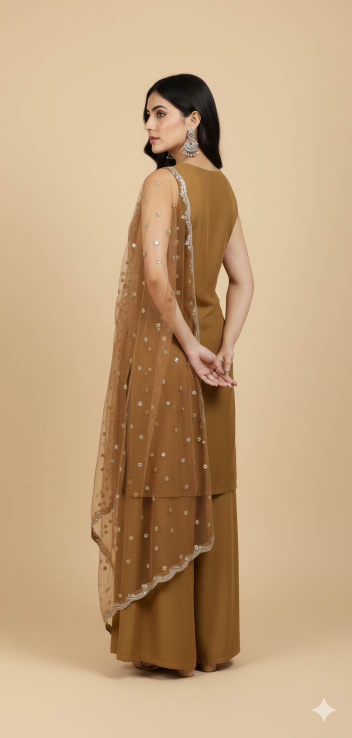 Gold Chinon Hand Work Kurta & Palazzo Set