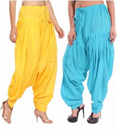 Women & Girl's Ethnic Premium Pleated Patiala Salwar in Yellow & Sky Blue-Pack of 2