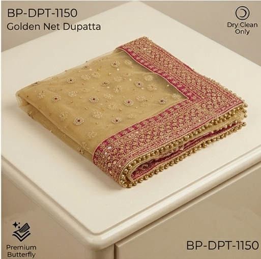 Luxe Golden Net Bridal Dupatta with Rani Pink Velvet Border