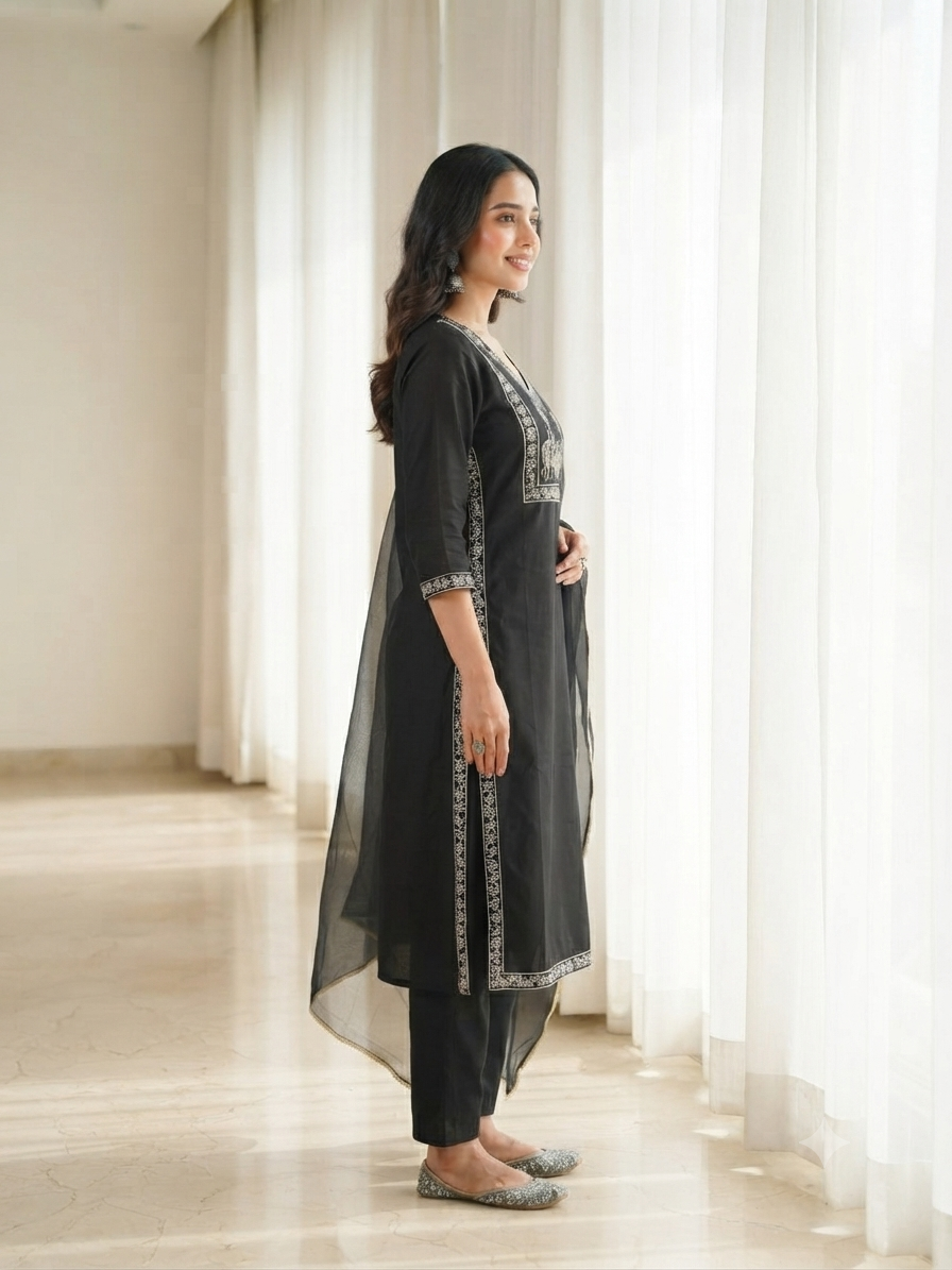 Jet Black Mercerized Cotton Embroidered Kurta, Pant & Chiffon Dupatta Set