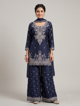 Premium Navy Blue Silk Kurta Palazzo Set with Intricate Silver Zari Embroidery and Dupatta (3-Piece Set) Navy