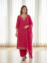 Rani Pink Mercerized Cotton Bandhani Print Kurta Set with Plain Chiffon Dupatta