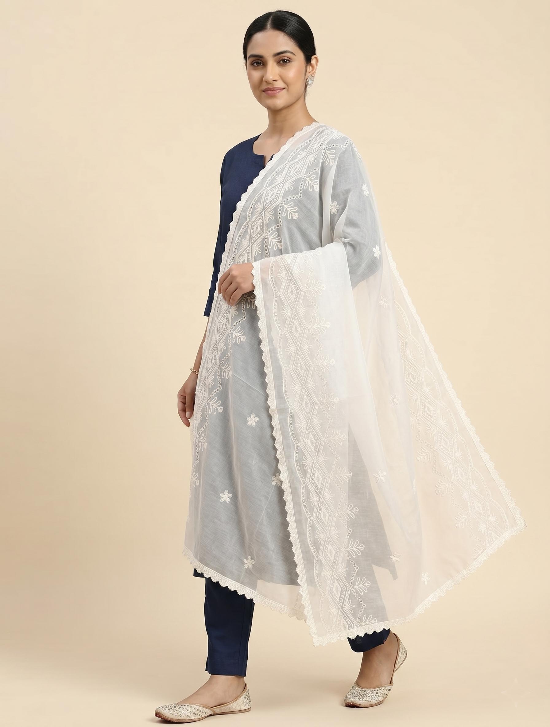 Trendzmy Pure Cotton Cora Thread Work Dupatta for Women | Cream Color Embroidered Chikankari Style Dupatta | Soft Cotton Ethnic Dupatta