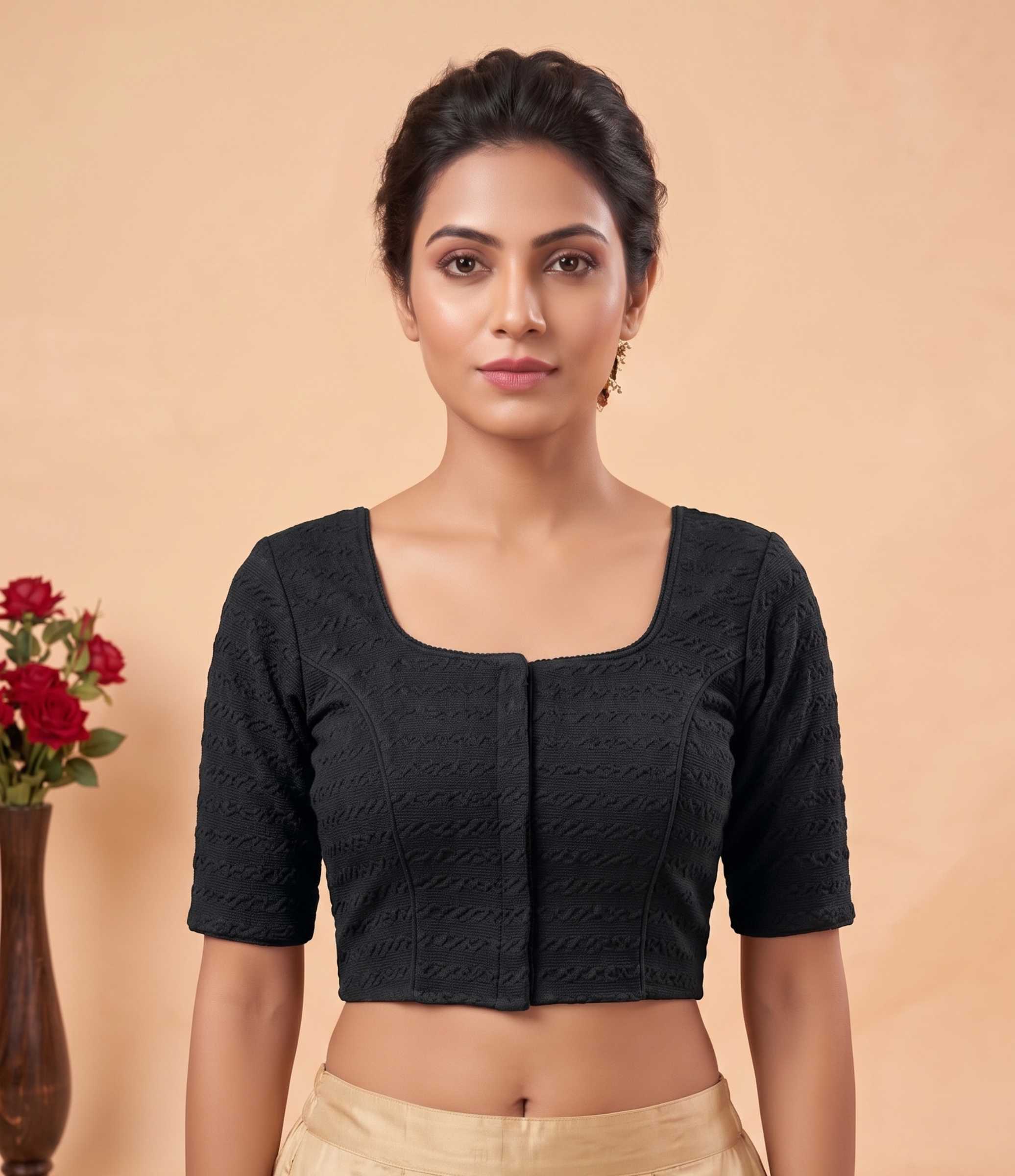Trendzmy Women Woven Square Neck Cotton Blend Lycra Stretchable Readymade Saree Blouse Black