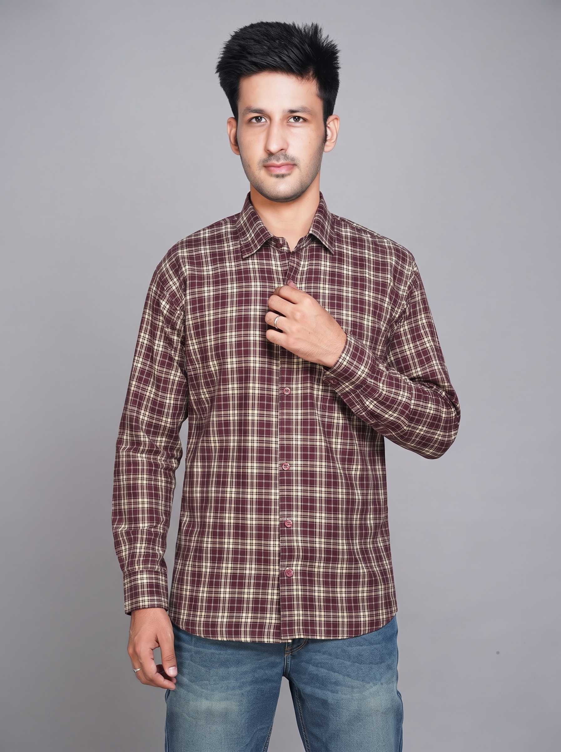 Trendzmy Men’s Maroon Checkered Regular Fit Full Sleeve Wool Blend Casual Shirt