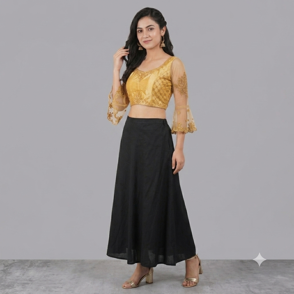 Women's Gold Embroidered Designer Blouse | Bell Sleeves Net Saree Blouse | Party Wear & Wedding Readymade Blouse