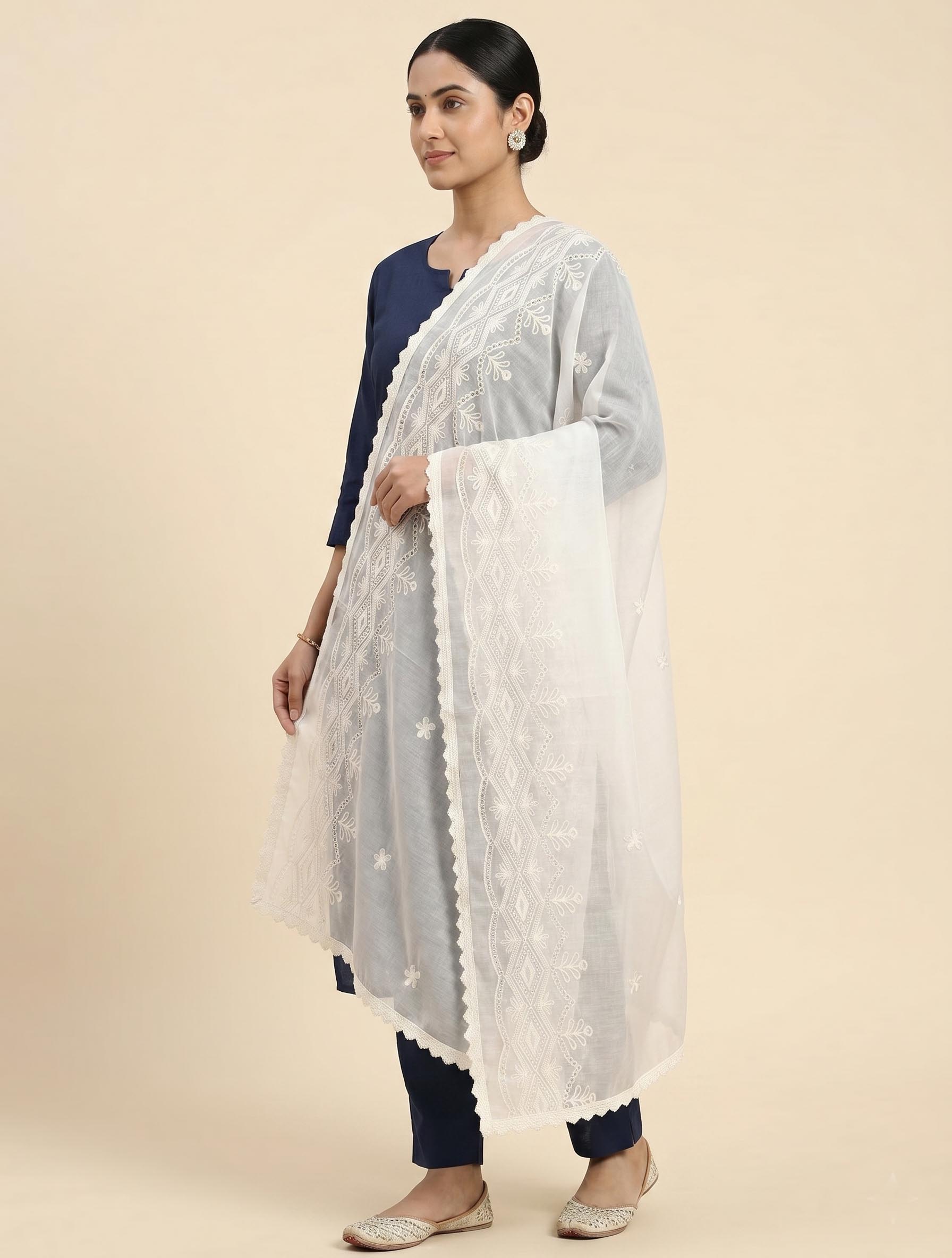 Trendzmy Pure Cotton Cora Thread Work Dupatta for Women | Cream Color Embroidered Chikankari Style Dupatta | Soft Cotton Ethnic Dupatta