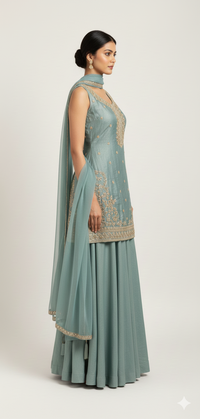 Elegant Mint Green Art Silk Blend Lehenga Set with Intricate Handwork