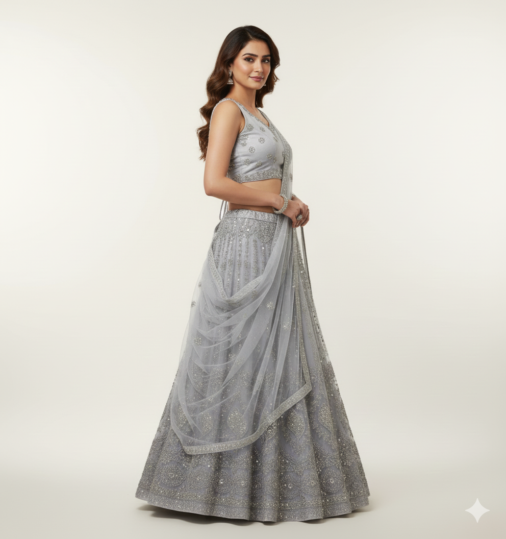 Chic Steel Grey Net Party Wear Lehenga Choli (Unstitched)
