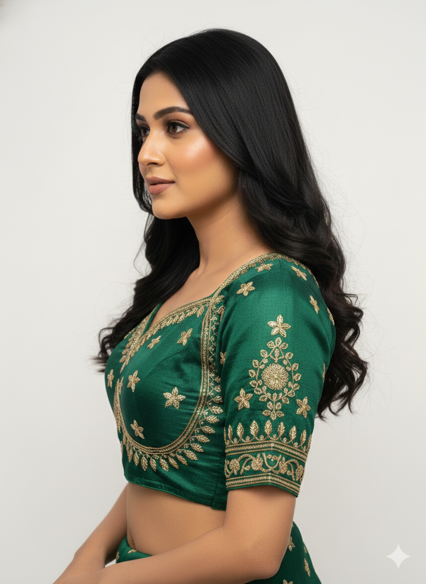 Dark Green Cotton Silk Embroidered Blouse