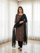 Midnight Black Floral Printed Mercerized Cotton Kurta with Pants & Solid Chiffon Dupatta Set