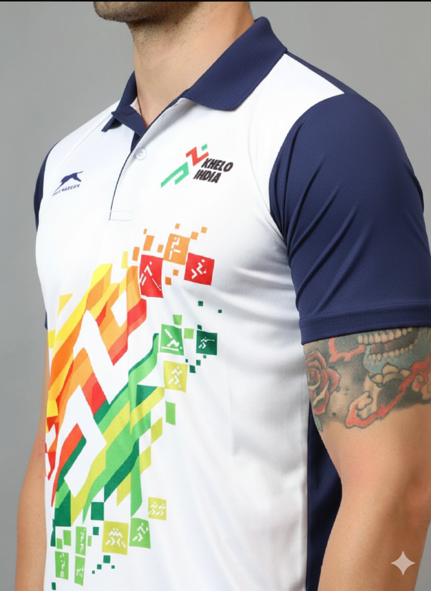 Shiv Naresh Men’s Sports Polo T-Shirt | Front Print Khelo india| Breathable Quick Dry Fabric | Plain Back | Athletic Fit Activewear