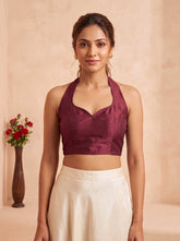 Women's Solid Halter Neck Stitched Blouse Berry Red(Wine)