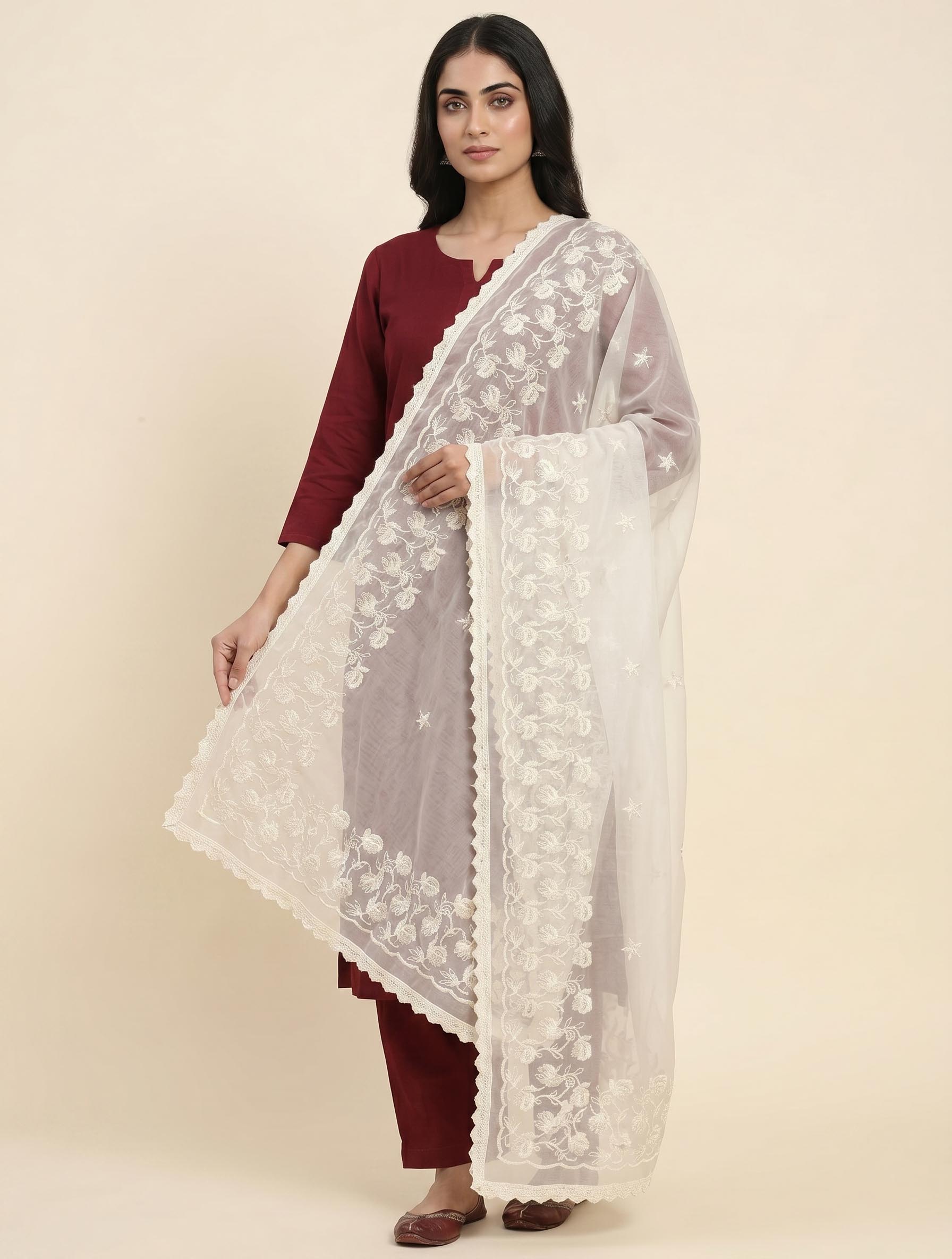 Graceful Cream Cora Pure Cotton Dupatta with Floral Panel Thread Embroidery and Star Butis Cream Cotton Hand wash