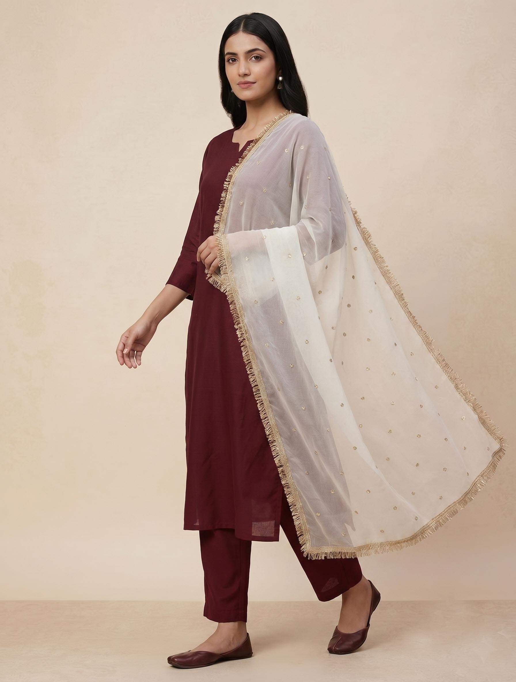 Elegant White Chiffon Dupatta with Muted Gold Sequin Butis and Fringe Lace Border
