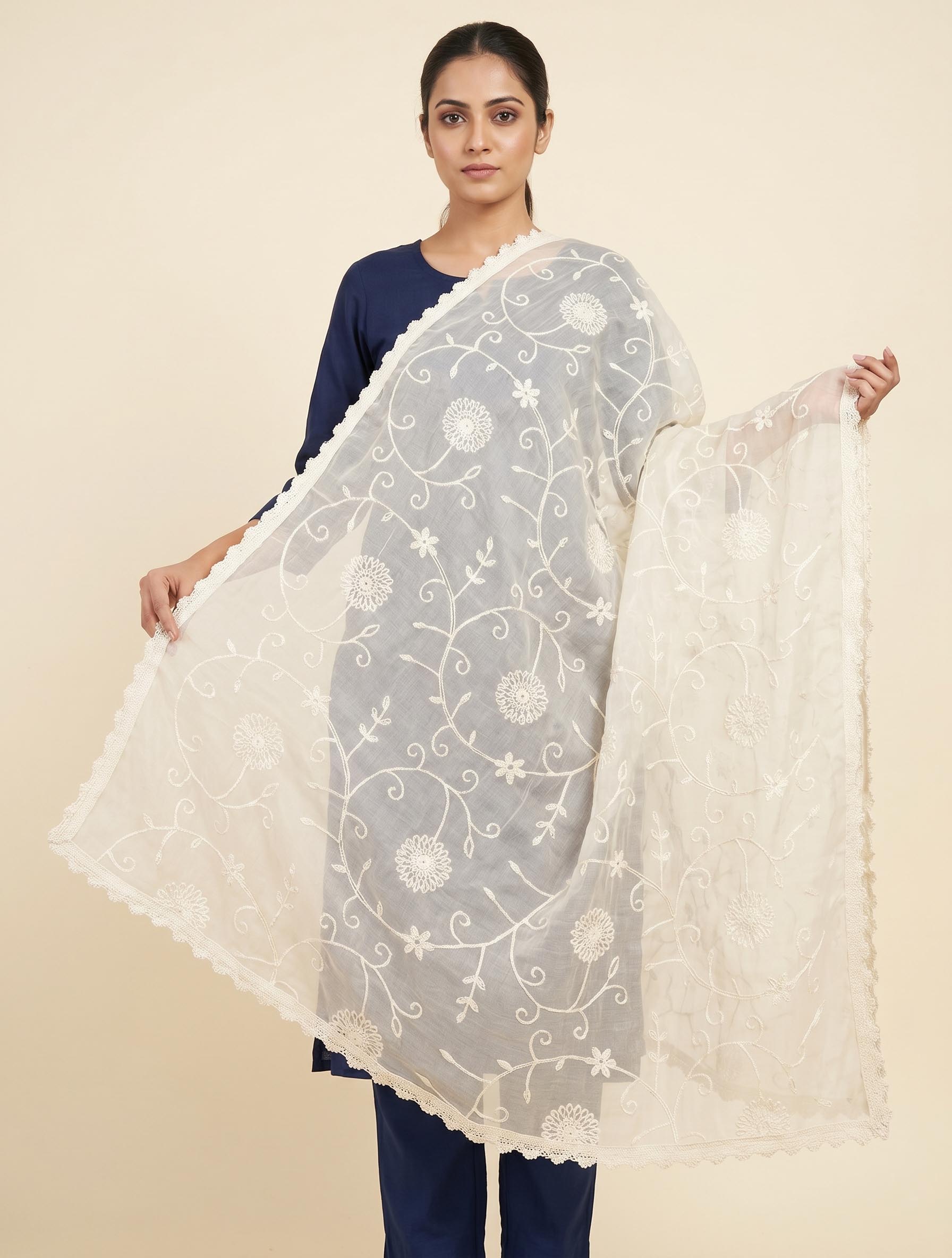 Exquisite Cream Pure Cotton Dupatta with All-Over Floral Jaal Embroidery and Lace Trim
